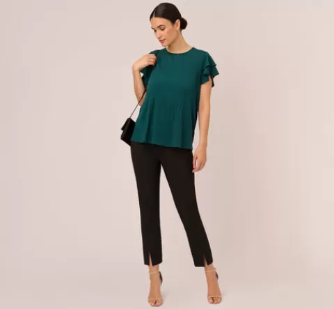 Adrianna Papell Printed Top With Double Ruffle Short Sleeves In EVERGREEN Cheap