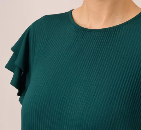 Adrianna Papell Printed Top With Double Ruffle Short Sleeves In EVERGREEN Cheap