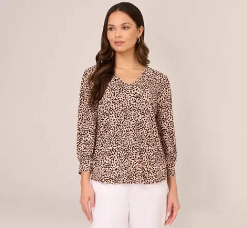 Adrianna Papell Printed V Neck Top With Cuffed Three Quarter Sleeves In Tan Shadow Leopard TANSHADOWLEOPARD Outlet