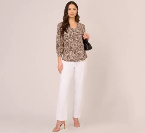 Adrianna Papell Printed V Neck Top With Cuffed Three Quarter Sleeves In Tan Shadow Leopard TANSHADOWLEOPARD Outlet