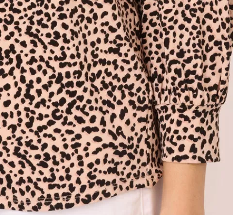 Adrianna Papell Printed V Neck Top With Cuffed Three Quarter Sleeves In Tan Shadow Leopard TANSHADOWLEOPARD Outlet