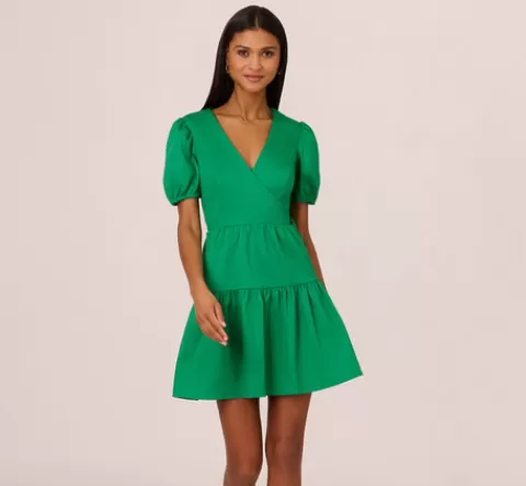Adrianna Papell Puff Short Sleeve Dress With Tiered Skirt In GREEN Best Sale