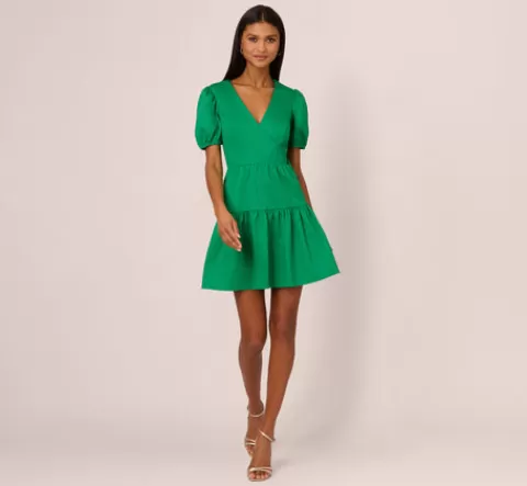 Adrianna Papell Puff Short Sleeve Dress With Tiered Skirt In GREEN Best Sale