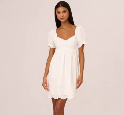 Adrianna Papell Puff Short Sleeve Eyelet Dress With Empire Waist In IVORY Discount