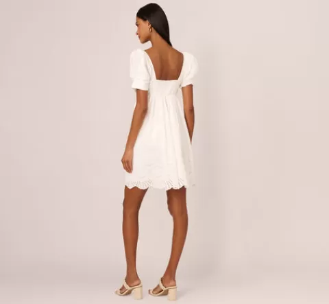 Adrianna Papell Puff Short Sleeve Eyelet Dress With Empire Waist In IVORY Discount