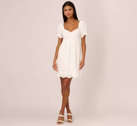Adrianna Papell Puff Short Sleeve Eyelet Dress With Empire Waist In IVORY Discount