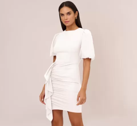 Adrianna Papell Puff Short Sleeve Sheath Dress With Ruffle Accent In IVORY Store