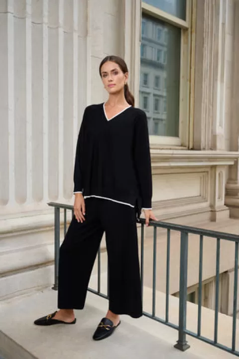 Adrianna Papell Pull On Sweater Pant With Contrast Tipping In Black Ivory BLACK-IVORY Cheap