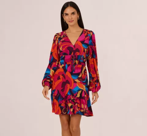 Adrianna Papell Retro Floral Print Shirred Dress With Long Bishop Sleeves In Berry Multi BERRYMULTI Fashion