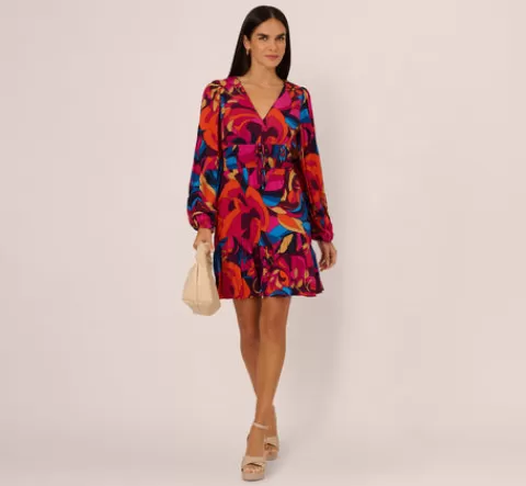 Adrianna Papell Retro Floral Print Shirred Dress With Long Bishop Sleeves In Berry Multi BERRYMULTI Fashion