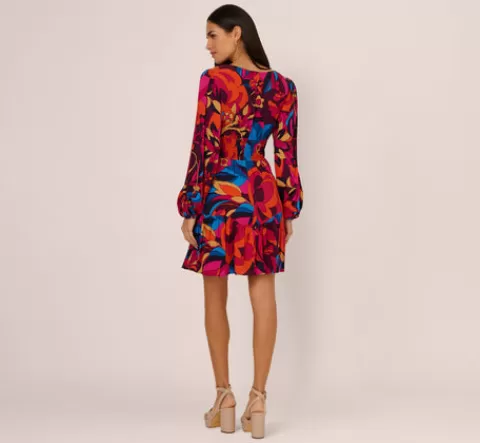 Adrianna Papell Retro Floral Print Shirred Dress With Long Bishop Sleeves In Berry Multi BERRYMULTI Fashion