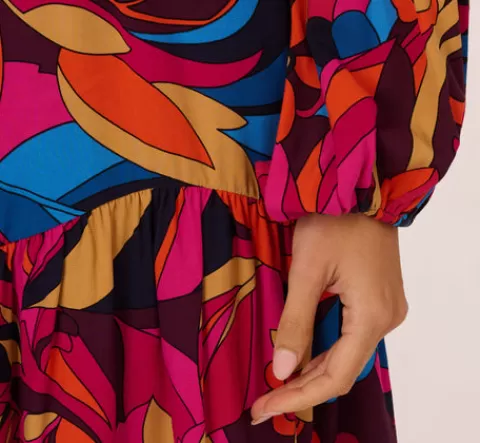 Adrianna Papell Retro Floral Print Shirred Dress With Long Bishop Sleeves In Berry Multi BERRYMULTI Fashion