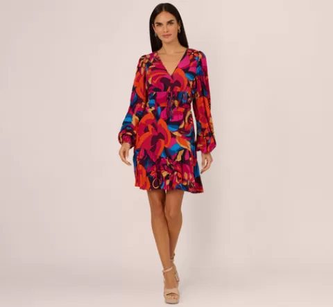 Adrianna Papell Retro Floral Print Shirred Dress With Long Bishop Sleeves In Berry Multi BERRYMULTI Fashion