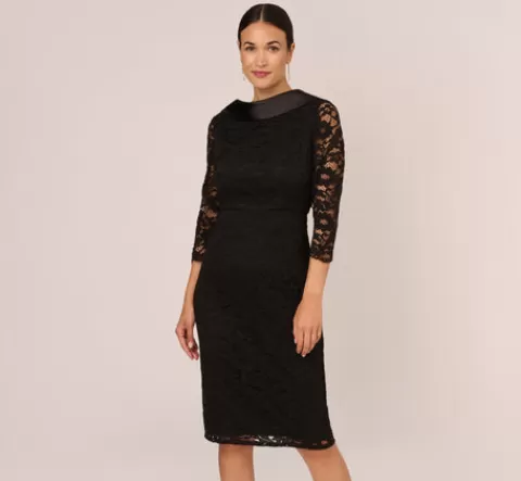 Adrianna Papell Roll Neck Lace Dress With Sheer Elbow Sleeves In BLACK New
