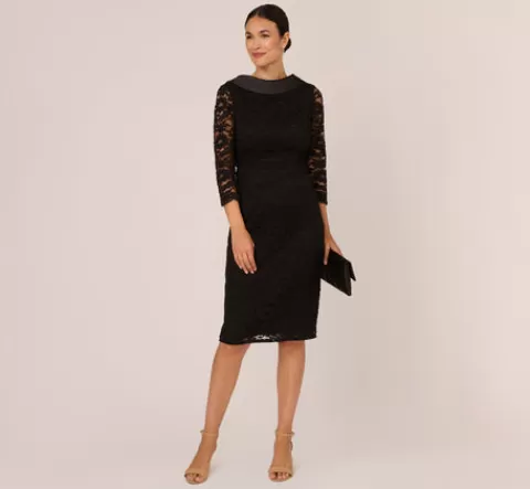 Adrianna Papell Roll Neck Lace Dress With Sheer Elbow Sleeves In BLACK New