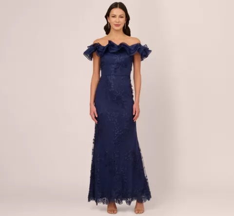 Adrianna Papell Ruffle Off The Shoulder Floral Lace Gown In Light Navy LIGHTNAVY Online