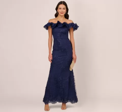 Adrianna Papell Ruffle Off The Shoulder Floral Lace Gown In Light Navy LIGHTNAVY Online