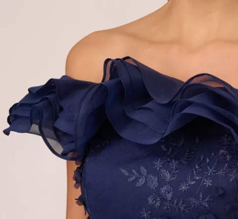 Adrianna Papell Ruffle Off The Shoulder Floral Lace Gown In Light Navy LIGHTNAVY Online