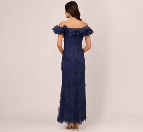 Adrianna Papell Ruffle Off The Shoulder Floral Lace Gown In Light Navy LIGHTNAVY Online