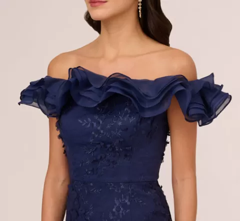 Adrianna Papell Ruffle Off The Shoulder Floral Lace Gown In Light Navy LIGHTNAVY Online