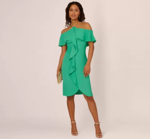 Adrianna Papell Ruffle Popover Midi Dress With Chain Halter Neckline In Flora Green FLORAGREEN Store