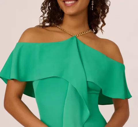 Adrianna Papell Ruffle Popover Midi Dress With Chain Halter Neckline In Flora Green FLORAGREEN Store