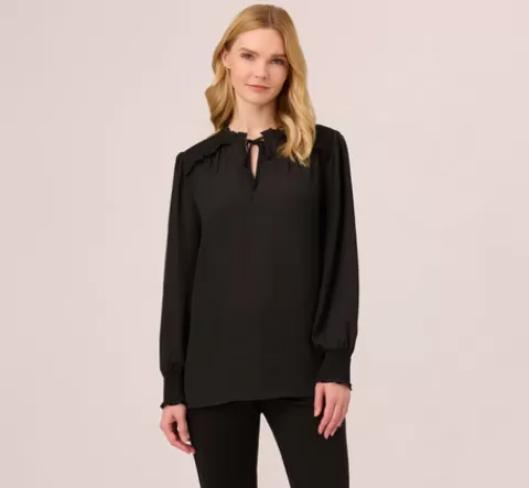 Adrianna Papell Ruffle Tie Neck Top With Smocked Long Sleeves In BLACK Flash Sale