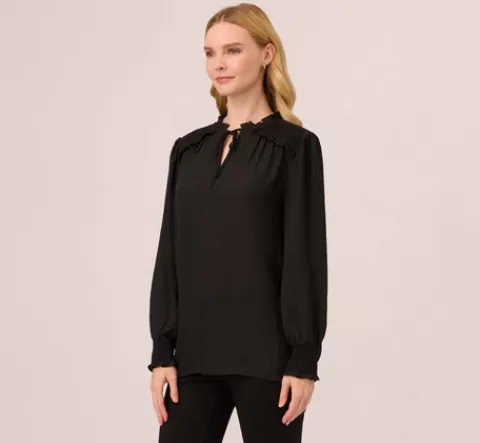 Adrianna Papell Ruffle Tie Neck Top With Smocked Long Sleeves In BLACK Flash Sale