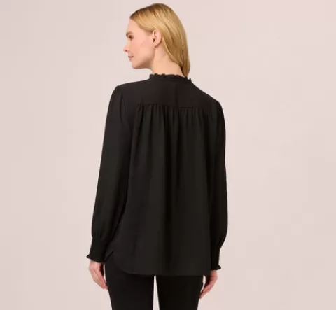 Adrianna Papell Ruffle Tie Neck Top With Smocked Long Sleeves In BLACK Flash Sale