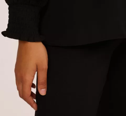 Adrianna Papell Ruffle Tie Neck Top With Smocked Long Sleeves In BLACK Flash Sale