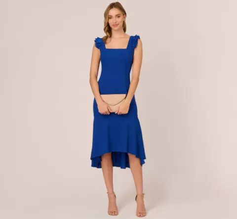 Adrianna Papell Ruffled Satin Crepe Midi-Length High/Low Cocktail Mermaid Dress In Violet Cobalt VIOLETCOBALT Sale