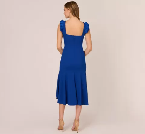 Adrianna Papell Ruffled Satin Crepe Midi-Length High/Low Cocktail Mermaid Dress In Violet Cobalt VIOLETCOBALT Sale