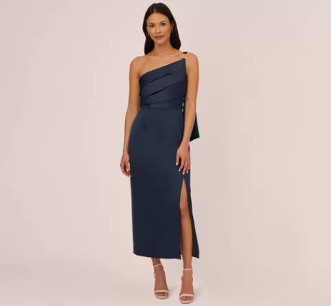 Adrianna Papell Satin Crepe One Shoulder Gown With Metal Ring Accent In Dark Navy DARKNAVY Flash Sale