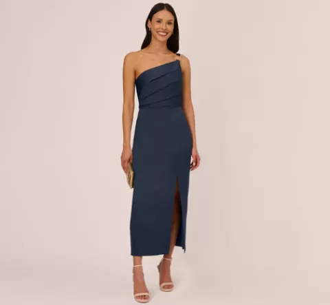 Adrianna Papell Satin Crepe One Shoulder Gown With Metal Ring Accent In Dark Navy DARKNAVY Flash Sale