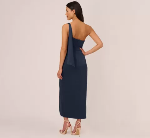 Adrianna Papell Satin Crepe One Shoulder Gown With Metal Ring Accent In Dark Navy DARKNAVY Flash Sale