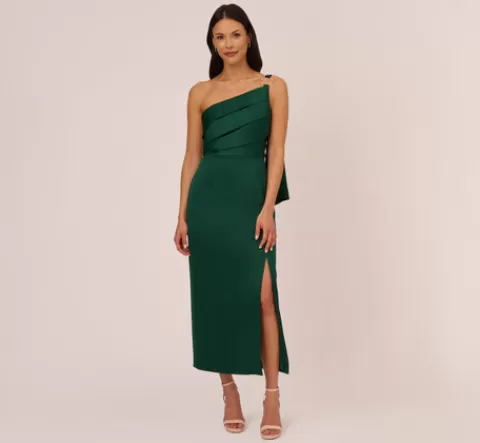 Adrianna Papell Satin Crepe One Shoulder Gown With Metal Ring Accent In Deep Forest DEEPFOREST Store