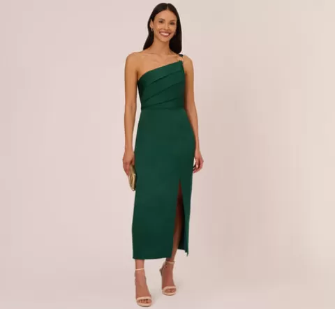 Adrianna Papell Satin Crepe One Shoulder Gown With Metal Ring Accent In Deep Forest DEEPFOREST Store