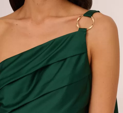 Adrianna Papell Satin Crepe One Shoulder Gown With Metal Ring Accent In Deep Forest DEEPFOREST Store