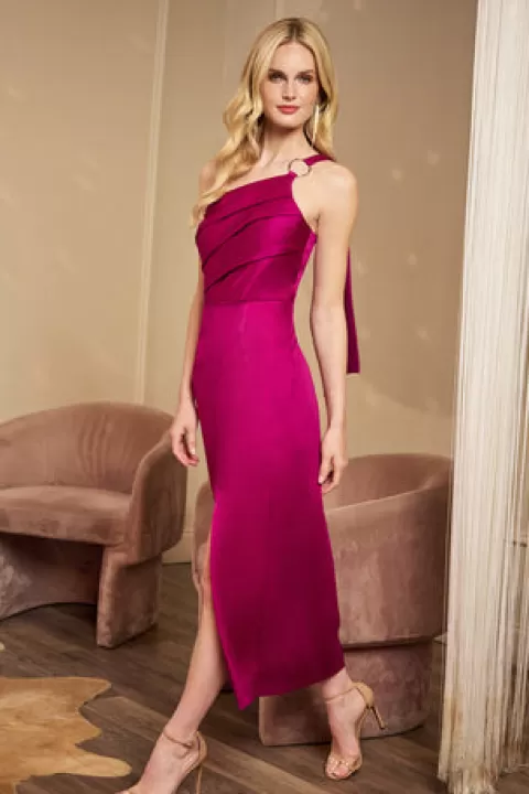 Adrianna Papell Satin Crepe One Shoulder Gown With Metal Ring Accent In Wild Magenta WILDMAGENTA Discount