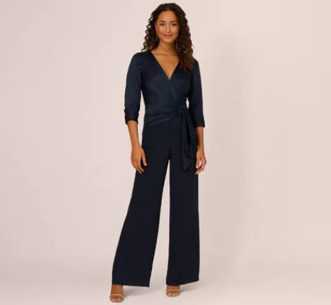 Adrianna Papell Satin Crepe Three Quarter Sleeve Jumpsuit With Buckle Waist In Dark Navy DARKNAVY Cheap