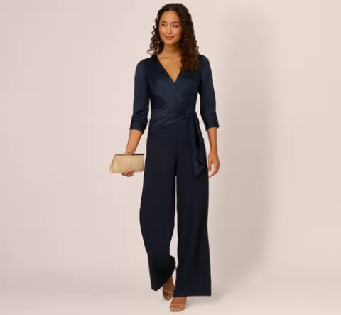Adrianna Papell Satin Crepe Three Quarter Sleeve Jumpsuit With Buckle Waist In Dark Navy DARKNAVY Cheap