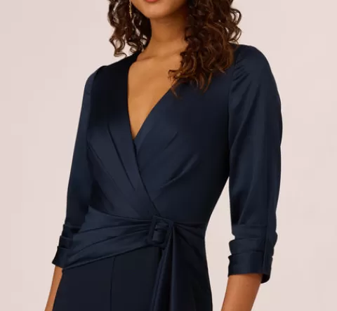 Adrianna Papell Satin Crepe Three Quarter Sleeve Jumpsuit With Buckle Waist In Dark Navy DARKNAVY Cheap