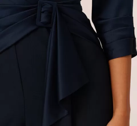 Adrianna Papell Satin Crepe Three Quarter Sleeve Jumpsuit With Buckle Waist In Dark Navy DARKNAVY Cheap