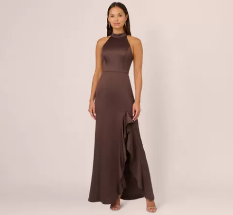 Adrianna Papell Satin Halter Mermaid Gown With Ruffle Trim In Dark Brown DARKBROWN Hot