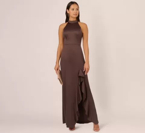 Adrianna Papell Satin Halter Mermaid Gown With Ruffle Trim In Dark Brown DARKBROWN Hot