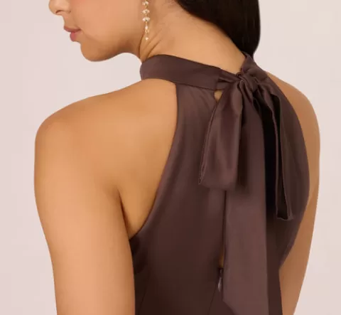 Adrianna Papell Satin Halter Mermaid Gown With Ruffle Trim In Dark Brown DARKBROWN Hot