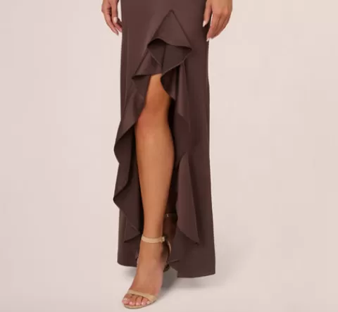 Adrianna Papell Satin Halter Mermaid Gown With Ruffle Trim In Dark Brown DARKBROWN Hot