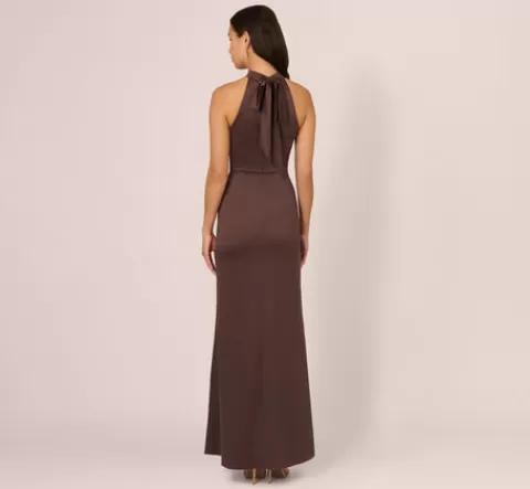 Adrianna Papell Satin Halter Mermaid Gown With Ruffle Trim In Dark Brown DARKBROWN Hot