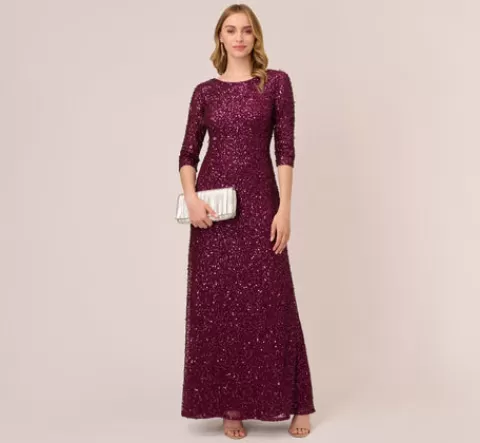 Adrianna Papell Scoop Back Sequin Gown With Three Quarter Sleeves In CABERNET Best