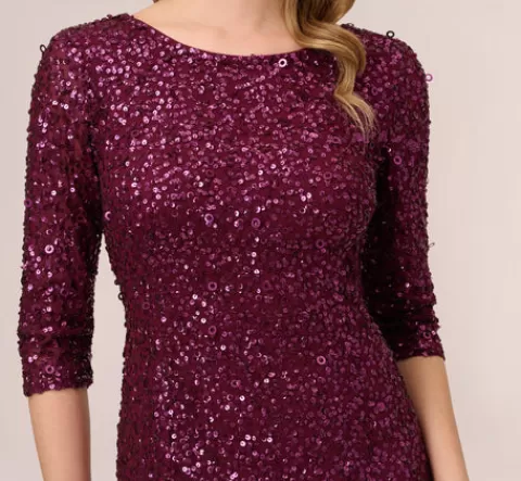 Adrianna Papell Scoop Back Sequin Gown With Three Quarter Sleeves In CABERNET Best